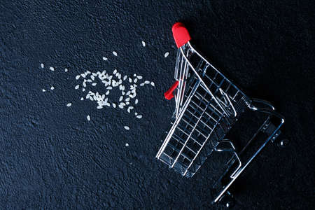 toy grocery cart on black dark background. living basketの写真素材