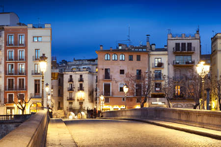 View inside of the historic "Pont de Pedra" that means Stone Bridge. Builded in 1866, Girona.の写真素材