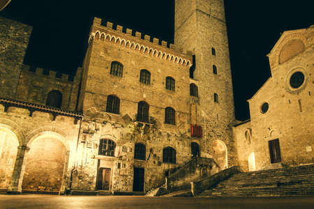 Urban landscape about San Gimignano at night. Tuscany, Italy.の写真素材