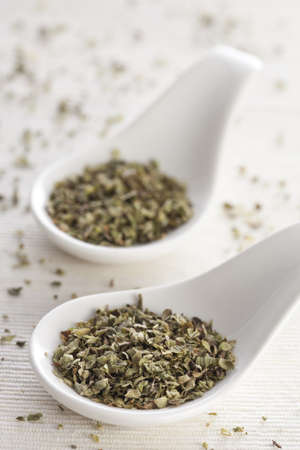Dried oregano on a two white ceramic spoons.の写真素材