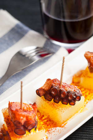 Portion of a spanish octopus called "tapa" or "pincho", with red wine.の写真素材