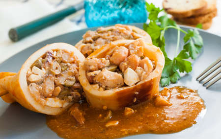 Delicious homemade stuffed squid with prawns, eggs, olives etc.
