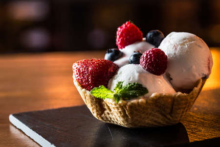 Delicious strawberry ice cream in a restaurant.