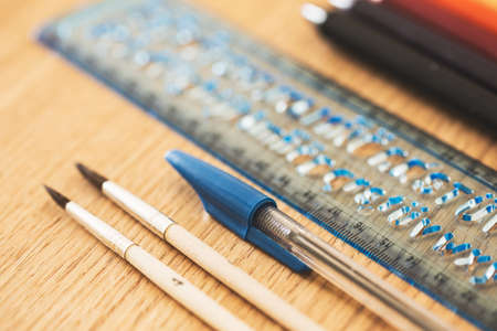 Top view of some school supplies, ready to back to school.の写真素材