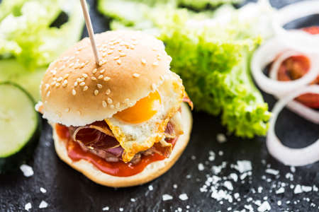 Delicious burger with beef meat, ham and fried egg.の写真素材