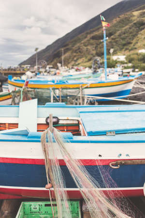View of fishers beach of Stromboli, Sicily. Vintage edition.の写真素材