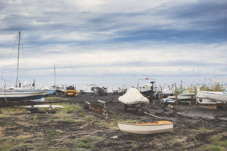 View of fishers beach of Stromboli, Sicily. Vintage edition.のeditorial素材