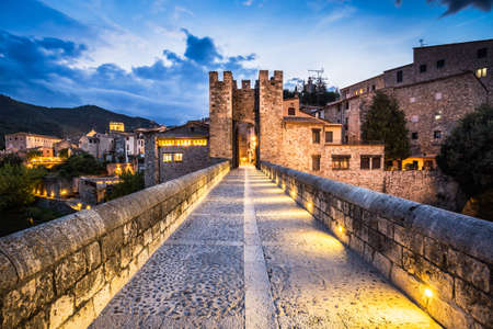 Night landscape from the Besalu medieval village entry, Costa Brava. Spain.のeditorial素材