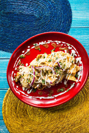 Delicious Mexican Chilaquiles placed on a red plate. Blue wooden table.の写真素材
