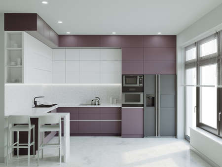 The kitchen is decorated in a minimalist style. Handleless matte furniture made from a bar counter. Large fittings under the ceiling. Half-empty interior, space for a dining area! 3d renderingの写真素材