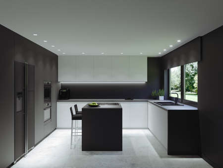 The kitchen is in the style of minimalism. Modern design of a black kitchen with an island. 3d...