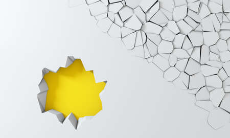 3D rendering - white background simulating a hole in the wall. Broken stone banner. Background with vibrant color. Dynamic abstraction.の写真素材