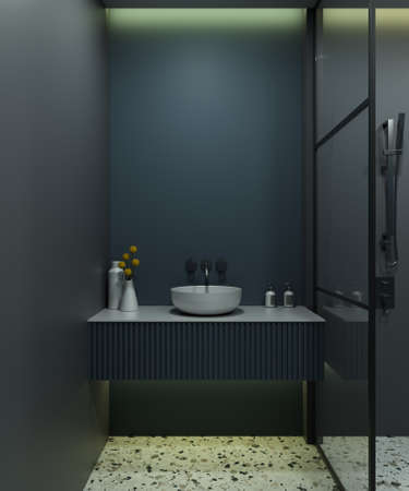 Bathroom interior with space for a mirror or bedside table. 3D rendering. Empty space above the sink.の写真素材