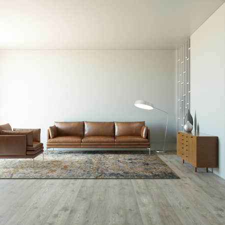 3d rendering. Brown sofa in a white interior. Semi-empty room. Light white room.