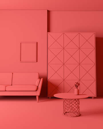 Red interior. 3d rendering, living room concept. Everything is completely red