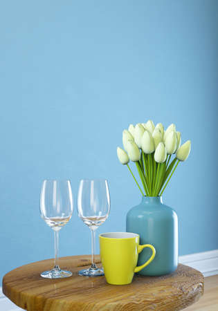 3D rendering. Bright composition on a background of blue wall in the interior