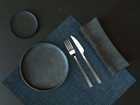 3D render. Set of dishes for presentation on a dark background.の写真素材