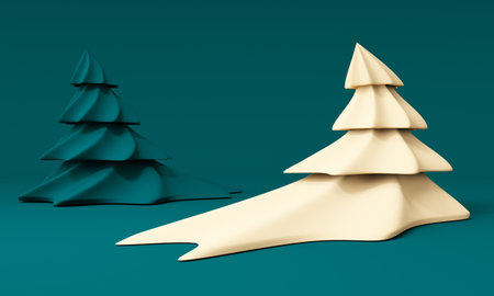 3D Christmas tree. Cartoon christmas background. Rendering of Christmas trees on a bright backgroundの写真素材