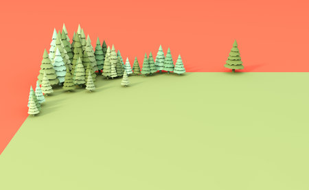 3D Christmas tree. Low polygonal winter. Climate change and weather. 3D rendering of a forest with a Christmas treeの写真素材