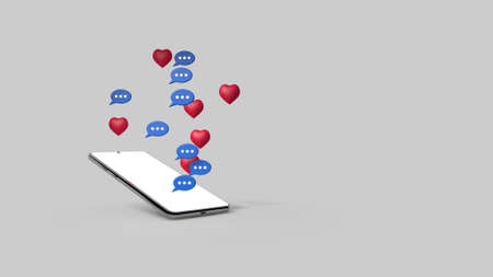 3d render of a smartphone from which messages and likes are sent.