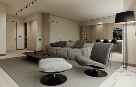 Interior of studio, living room and kitchen with open space.