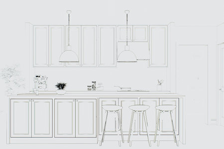 Painted kitchen on a white canvas with an island and appliances.