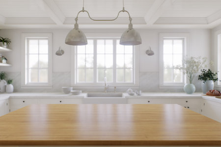 Wooden countertop, empty surface to place your goods, with a blurred kitchen background in the background.の写真素材