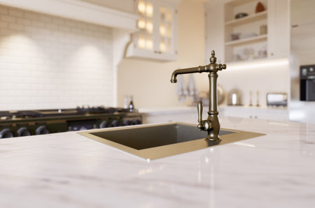 Kitchen with marble countertops and blurred kitchen background to display products on the surface.の写真素材