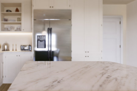 Kitchen with marble countertops and blurred kitchen background to display products on the surface.の写真素材