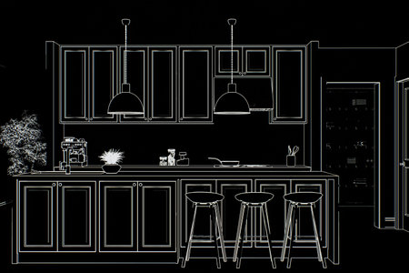 Painted kitchen on black canvas with island and appliances.の写真素材