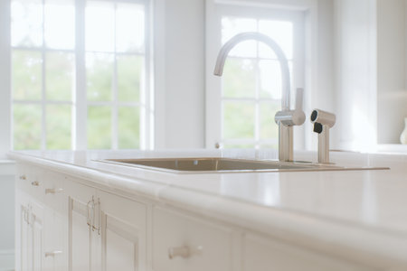 Kitchen white countertop with white marble, with blurred bokeh background.の写真素材