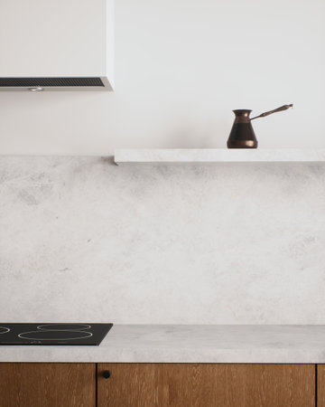 A modern kitchen with a minimalist design, enhanced by a charming copper coffee potの写真素材