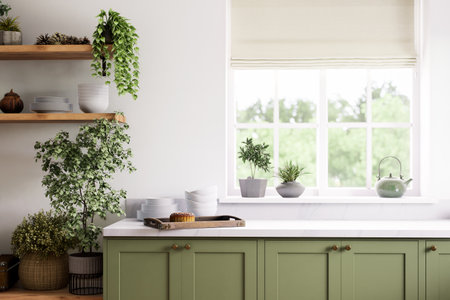 A modern kitchen with bright green cabinets and indoor plants to enhance the atmosphereの写真素材