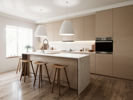 A Modern Minimalist Kitchen with Beautiful Natural Wood Accents for a Cozy Ambienceの写真素材