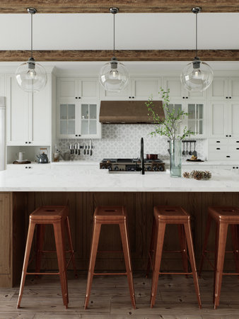 Traditional large L-shaped kitchen with large island and kitchen appliances.の写真素材