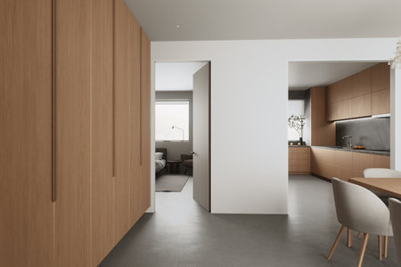 The modern minimalist dining room has elegant lighting and a chic atmosphere for any occasion