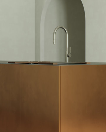 A modern minimalist kitchen with a sleek and elegant arrangement of a copper islandの写真素材
