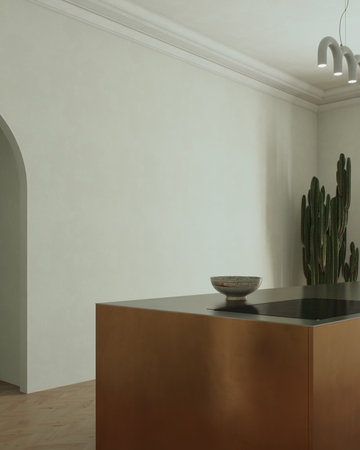 A modern minimalist kitchen with a sleek and elegant arrangement of a copper islandの写真素材