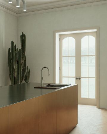 A modern minimalist kitchen with a sleek and elegant arrangement of a copper islandの写真素材