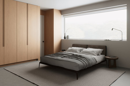 Feel the beauty of a modern minimalist bedroom decorated in neutral colorsの写真素材