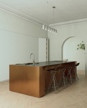 A modern minimalist kitchen with a sleek and elegant arrangement of a copper islandの写真素材