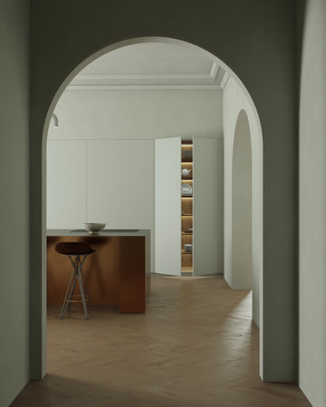 A modern minimalist kitchen with a sleek and elegant arrangement of a copper islandの写真素材