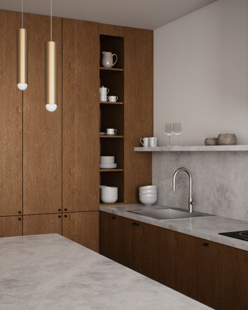 This modern minimalist kitchen showcases an elegant array of design elements that create harmonyの写真素材