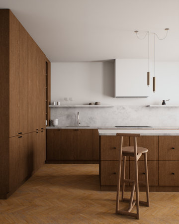 This is a modern minimalist kitchen with beautiful wood and marble elementsの写真素材