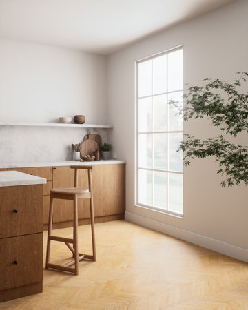 Bright and airy modern kitchen featuring beautiful natural elements and design aestheticsの写真素材