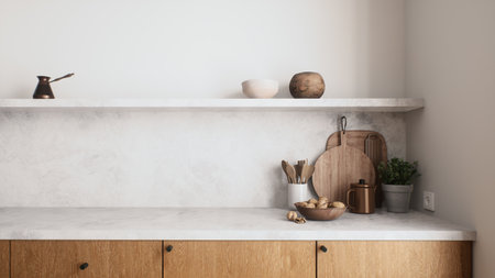 Discover elegant minimalist kitchen decor with a variety of natural elementsの写真素材