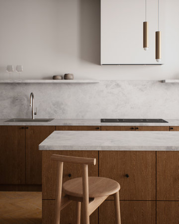 A modern minimalist kitchen with stunning and elegant design elementsの写真素材