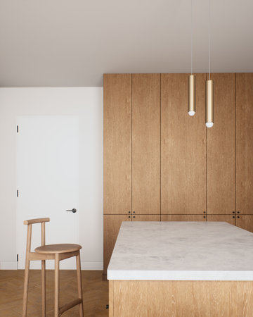 This report examines minimalist kitchen design featuring natural elements and cozy furnitureの写真素材
