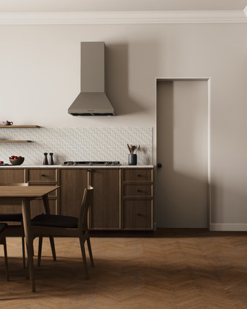 Discover the refined appeal of a modern minimalist kitchen design complete with wooden accentsの写真素材