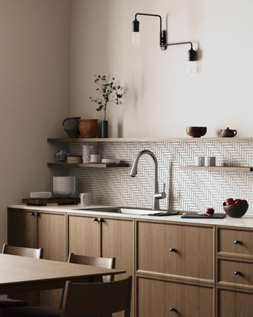 A Contemporary Modern Kitchen Featuring an Elegant Design that Incorporates Natural Elementsの写真素材
